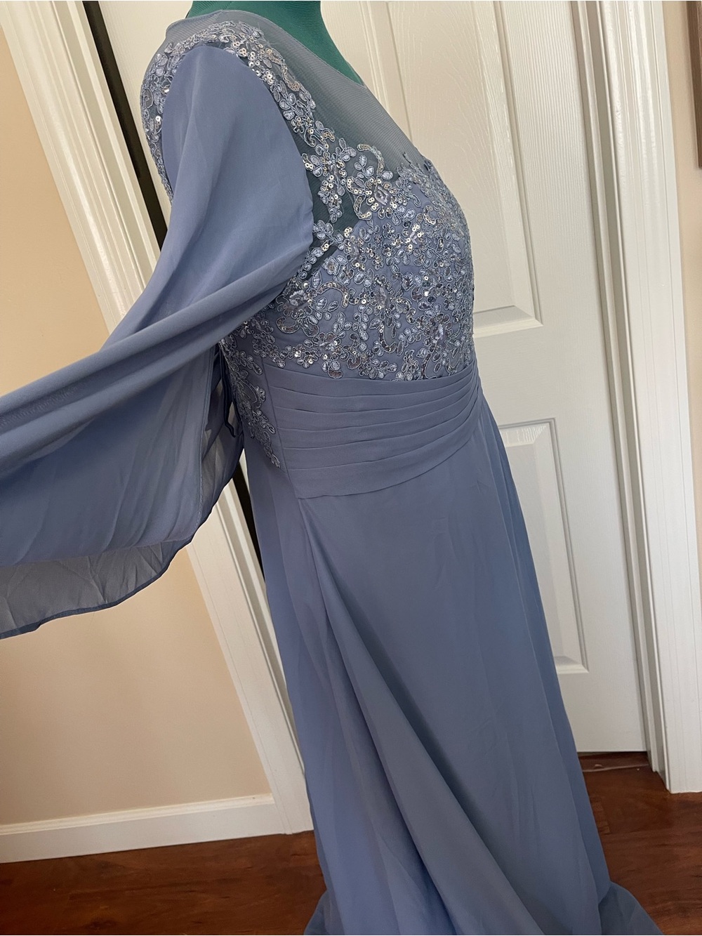 Plus-Size Dusty Blue Embroidered Maxi Dress with Cape Sleeves - Picture 7 of 13